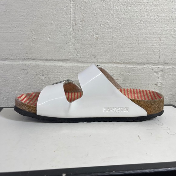 Birkenstock Arizona White Leather Striped Sandals Slip On Women's 38 EU/7 US - Picture 5 of 9